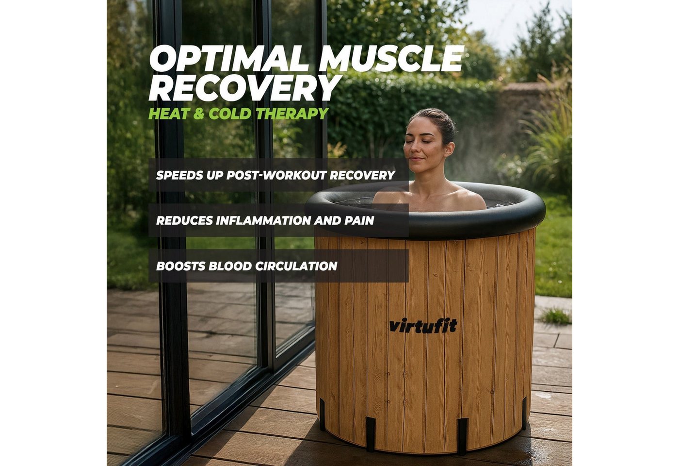 VirtuFit Badebottich VirtuFit Eisbad XXL 375 Liter Wood Look inkl. Zubehör 80x80x75 cm Bild 5