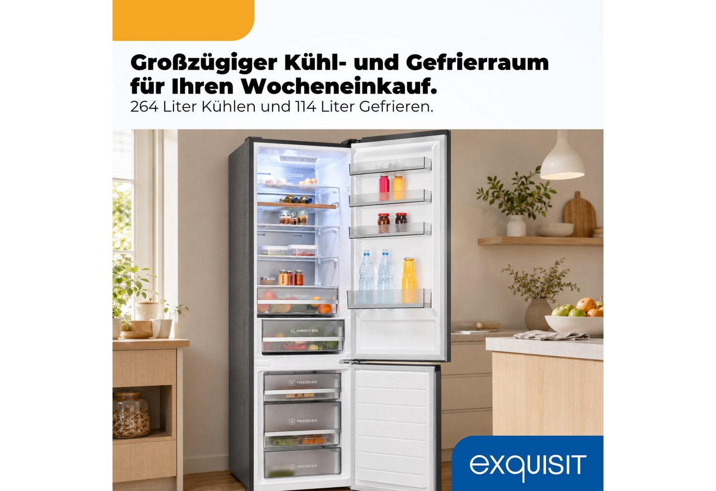 exquisit Kühl-/Gefrierkombination KGC380-115-NF-040A inoxlook, 200,5 cm hoch, 59,5 cm breit, Humidity Box für optimale Feuchtigkeitsregulierung & kein Abtauen mehr Bild 2