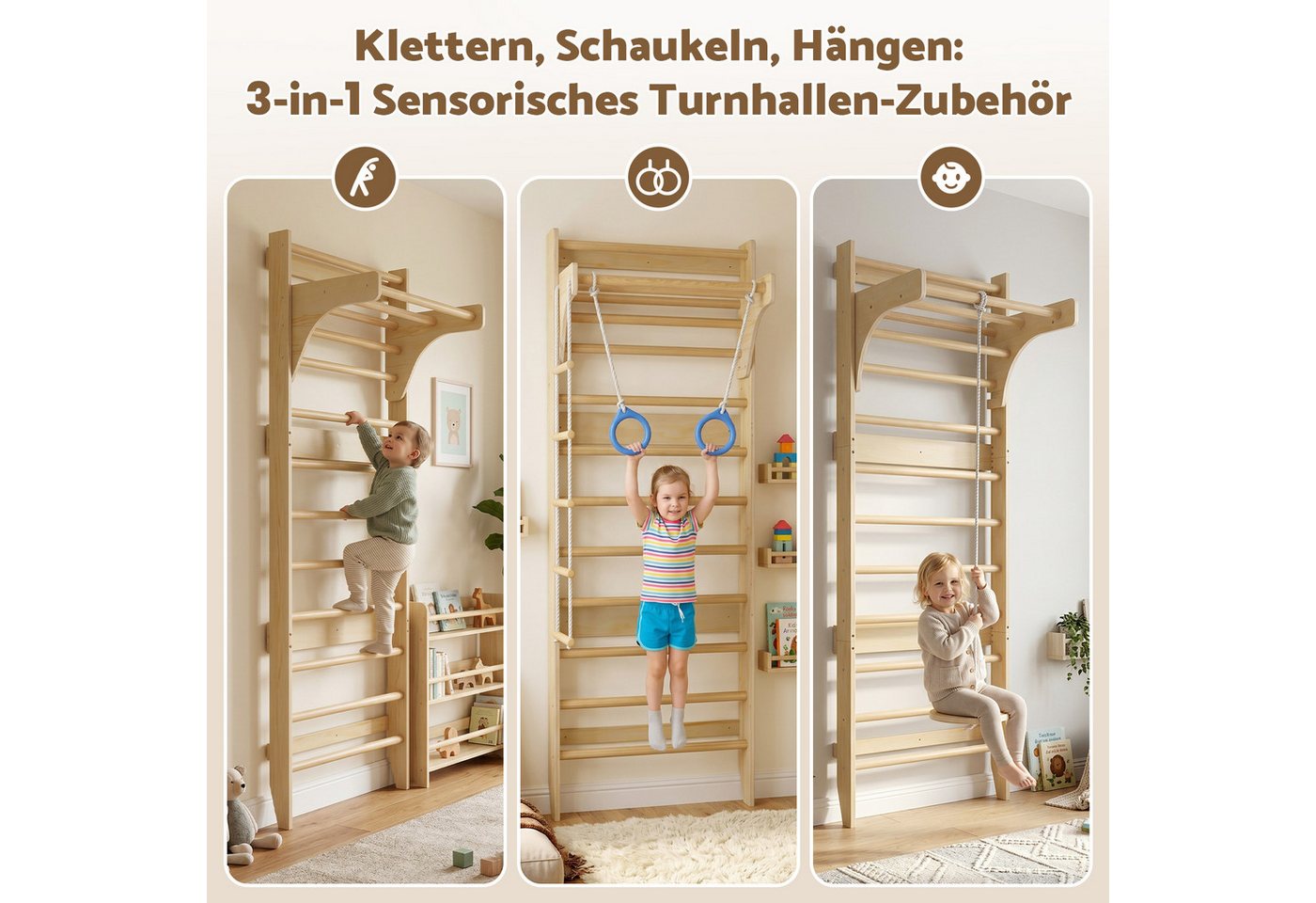 Hausright Sprossenwand für Erwachsene und Kinder, Höhenverstellbar Klimmzugstange Kletterwand, (Klettergerüst, Sprossenwand, Klimmzugstange, Strickleiter, Turnringe, Runde Trapez), Gymnastikstange aus Holz Wandmontage
