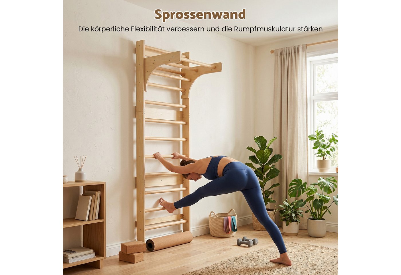 Hausright Sprossenwand für Erwachsene und Kinder, Höhenverstellbar Klimmzugstange Kletterwand, (Klettergerüst, Sprossenwand, Klimmzugstange, Strickleiter, Turnringe, Runde Trapez), Gymnastikstange aus Holz Wandmontage Bild 2