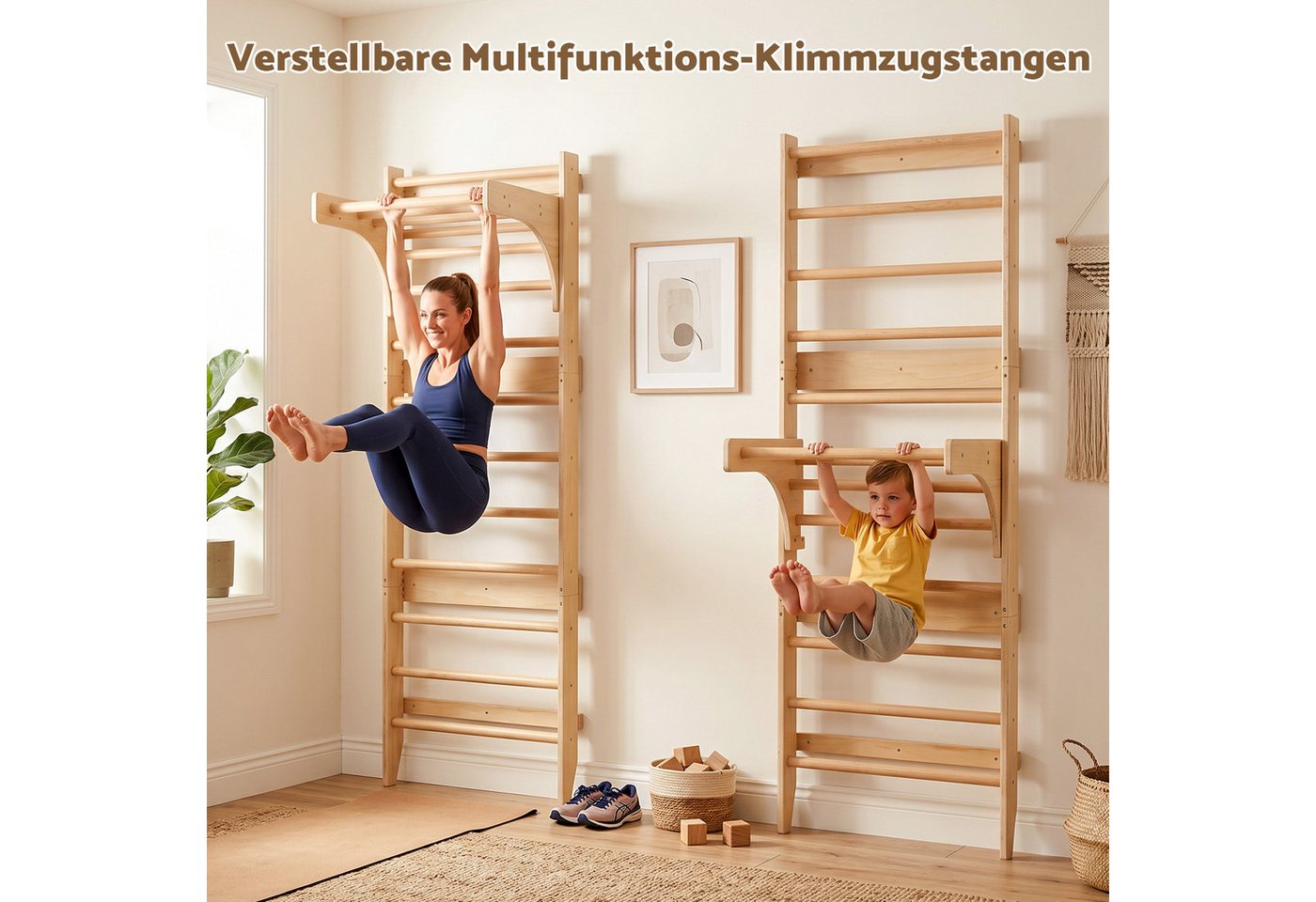 Hausright Sprossenwand für Erwachsene und Kinder, Höhenverstellbar Klimmzugstange Kletterwand, (Klettergerüst, Sprossenwand, Klimmzugstange, Strickleiter, Turnringe, Runde Trapez), Gymnastikstange aus Holz Wandmontage Bild 3
