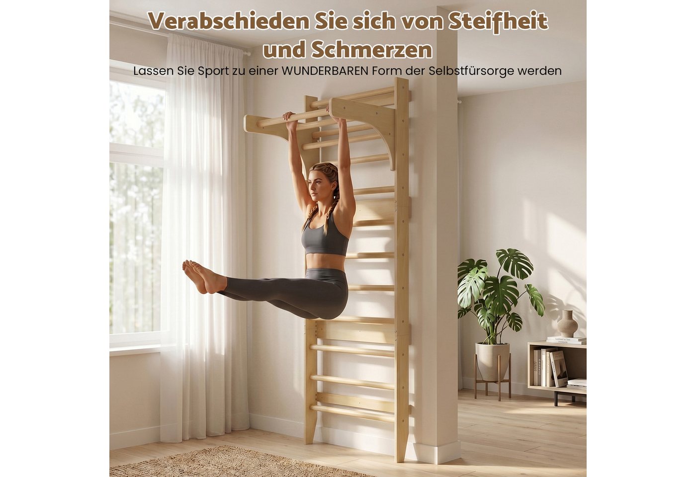 Hausright Sprossenwand für Erwachsene und Kinder, Höhenverstellbar Klimmzugstange Kletterwand, (Klettergerüst, Sprossenwand, Klimmzugstange, Strickleiter, Turnringe, Runde Trapez), Gymnastikstange aus Holz Wandmontage Bild 4