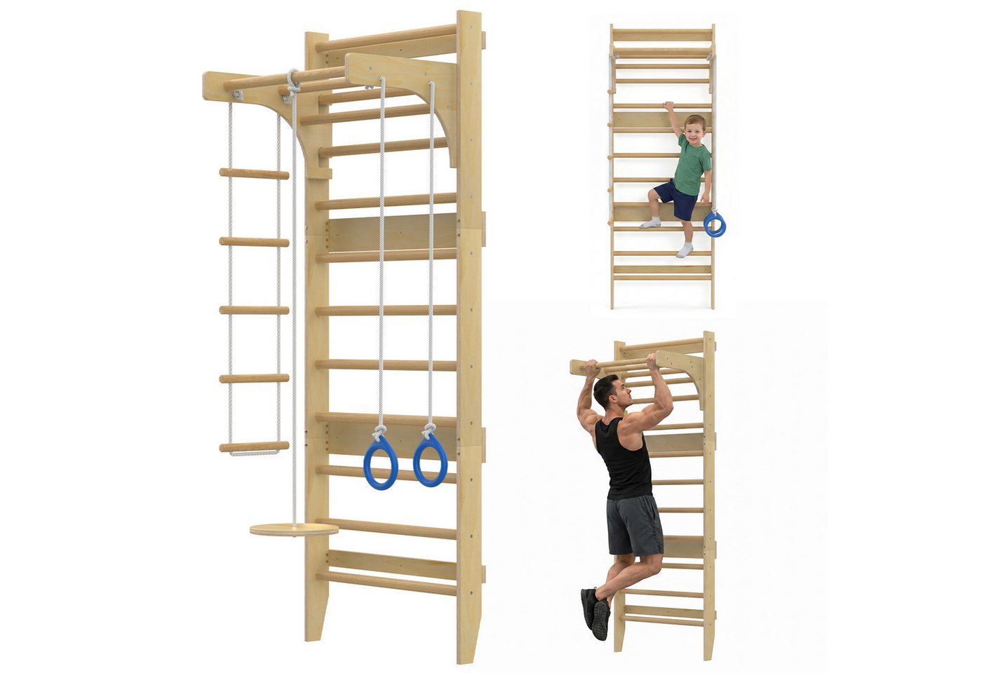Hausright Sprossenwand für Erwachsene und Kinder, Höhenverstellbar Klimmzugstange Kletterwand, (Klettergerüst, Sprossenwand, Klimmzugstange, Strickleiter, Turnringe, Runde Trapez), Gymnastikstange aus Holz Wandmontage Bild 5