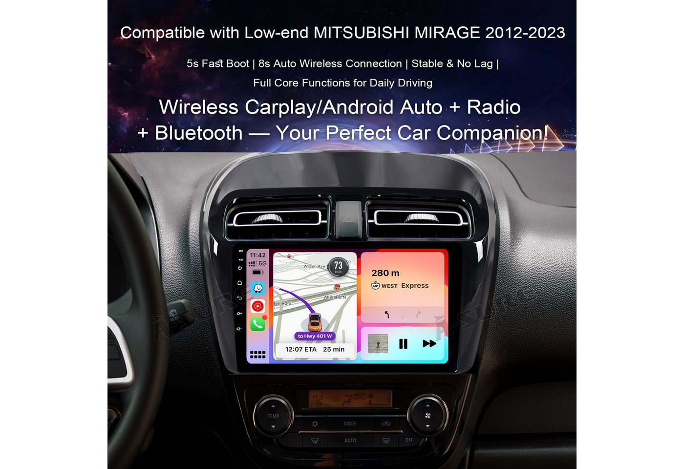 A-Sure Apple Carplay Android Auto Bluetooth Für Mitsubishi Space Star 2012-23 Autoradio (5s Schnellstart/1280*720 Screen/Apple Carplay/Android Auto/Bluetooth) Bild 3