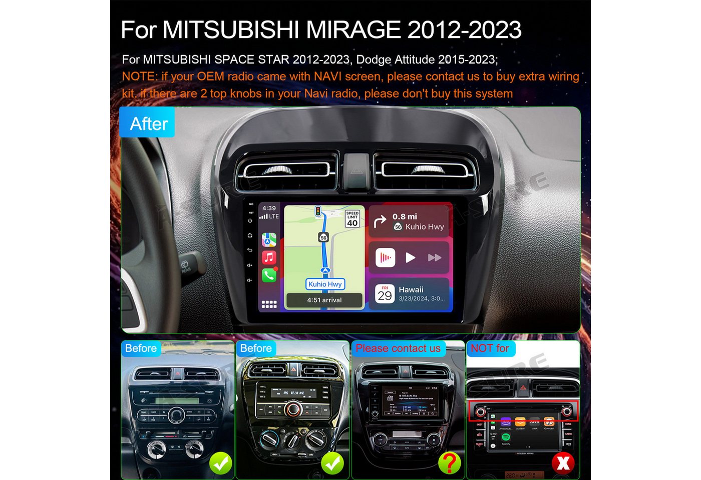 A-Sure Apple Carplay Android Auto Bluetooth Für Mitsubishi Space Star 2012-23 Autoradio (5s Schnellstart/1280*720 Screen/Apple Carplay/Android Auto/Bluetooth) Bild 4