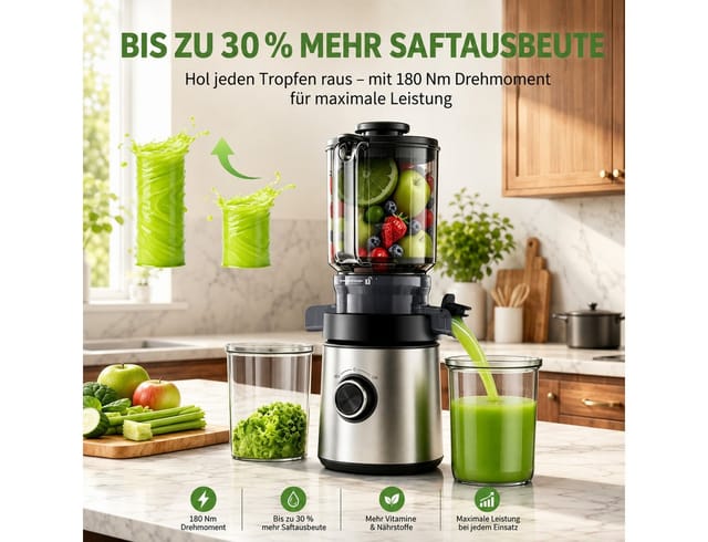 ibettertec Slow Juicer Entsafter mit 2 L Vorratsbehälter,130 mm Einfüllöffnung,Feinfilter, BPA-frei, Saft & Fruchteis,Für ganze Früchte und Gemüse