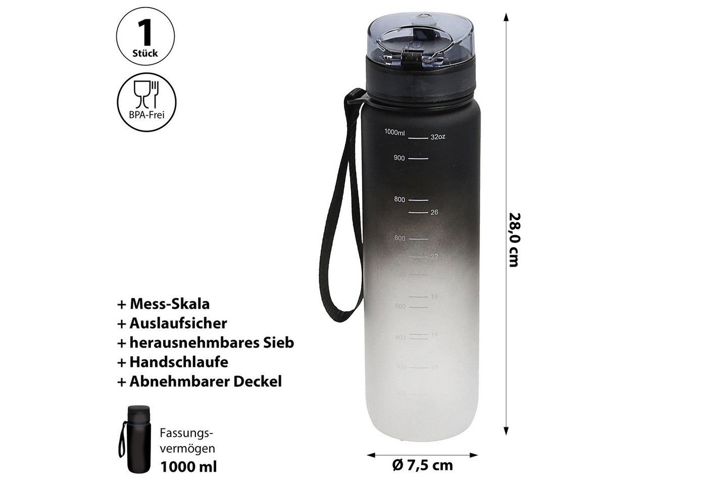 CEPEWA Trinkflasche Trinkflasche 1000ml PET PP PE 7,5x28cm schwarz weiß Handschlaufe Sieb Bild 3