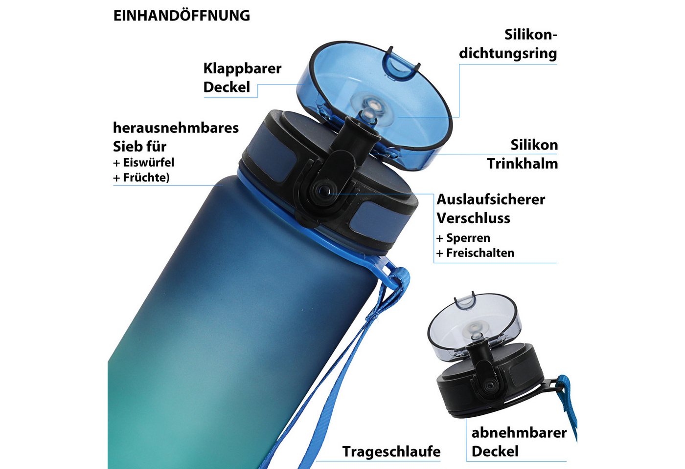 CEPEWA Trinkflasche Trinkflasche 1000ml PET PP PE 7,5x28cm grün blau Handschlaufe Sieb