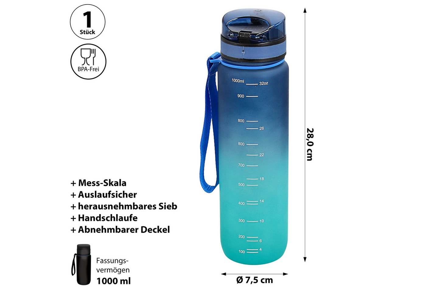 CEPEWA Trinkflasche Trinkflasche 1000ml PET PP PE 7,5x28cm grün blau Handschlaufe Sieb Bild 2