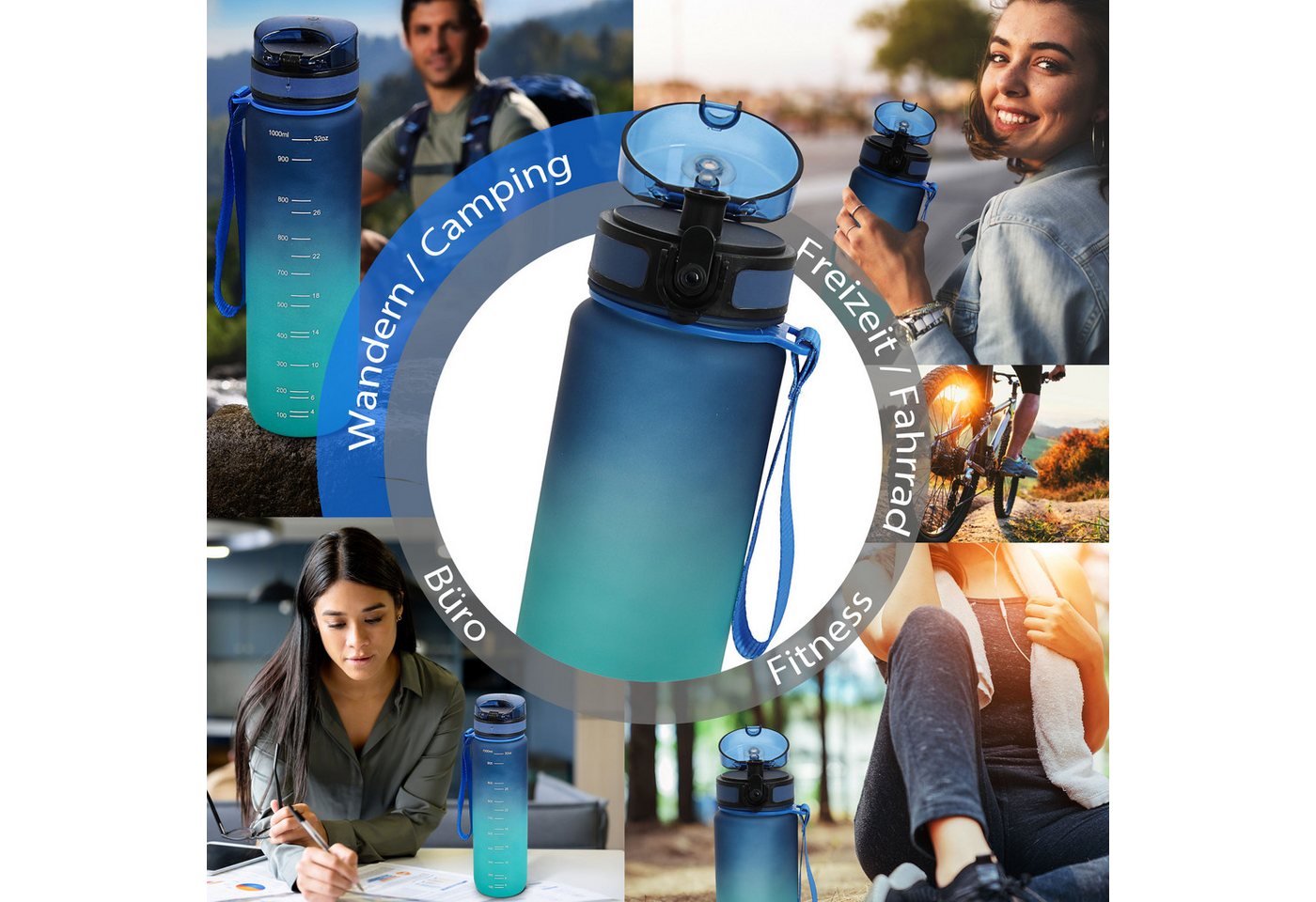 CEPEWA Trinkflasche Trinkflasche 1000ml PET PP PE 7,5x28cm grün blau Handschlaufe Sieb Bild 3