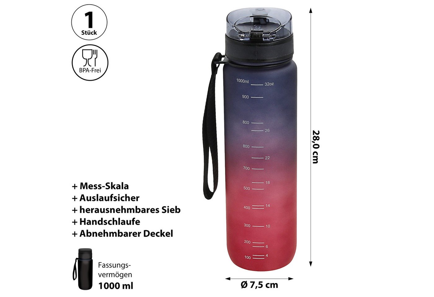 CEPEWA Trinkflasche Trinkflasche 1000ml PET PP PE 7,5x28cm lila pink Handschlaufe Sieb