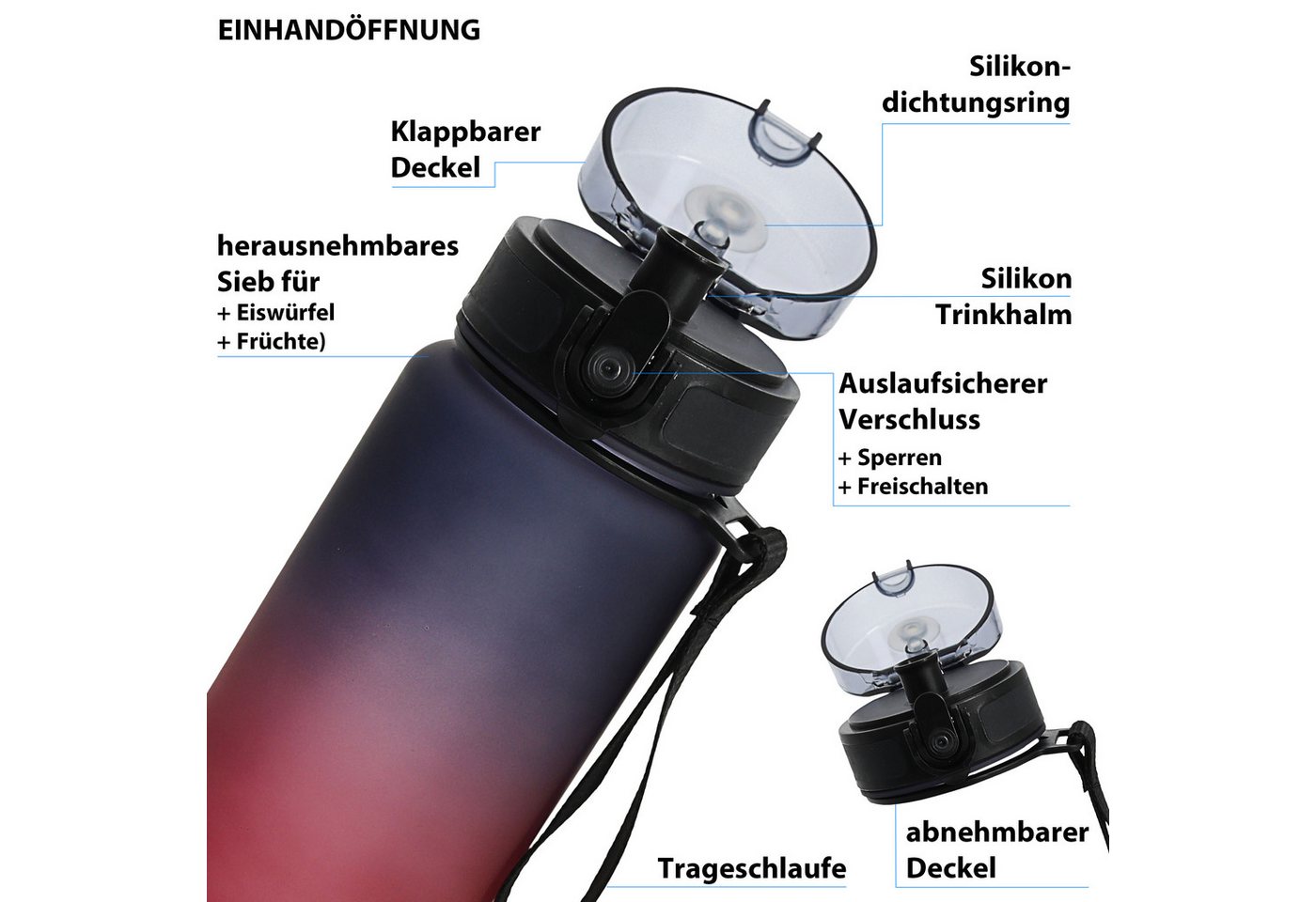 CEPEWA Trinkflasche Trinkflasche 1000ml PET PP PE 7,5x28cm lila pink Handschlaufe Sieb Bild 4