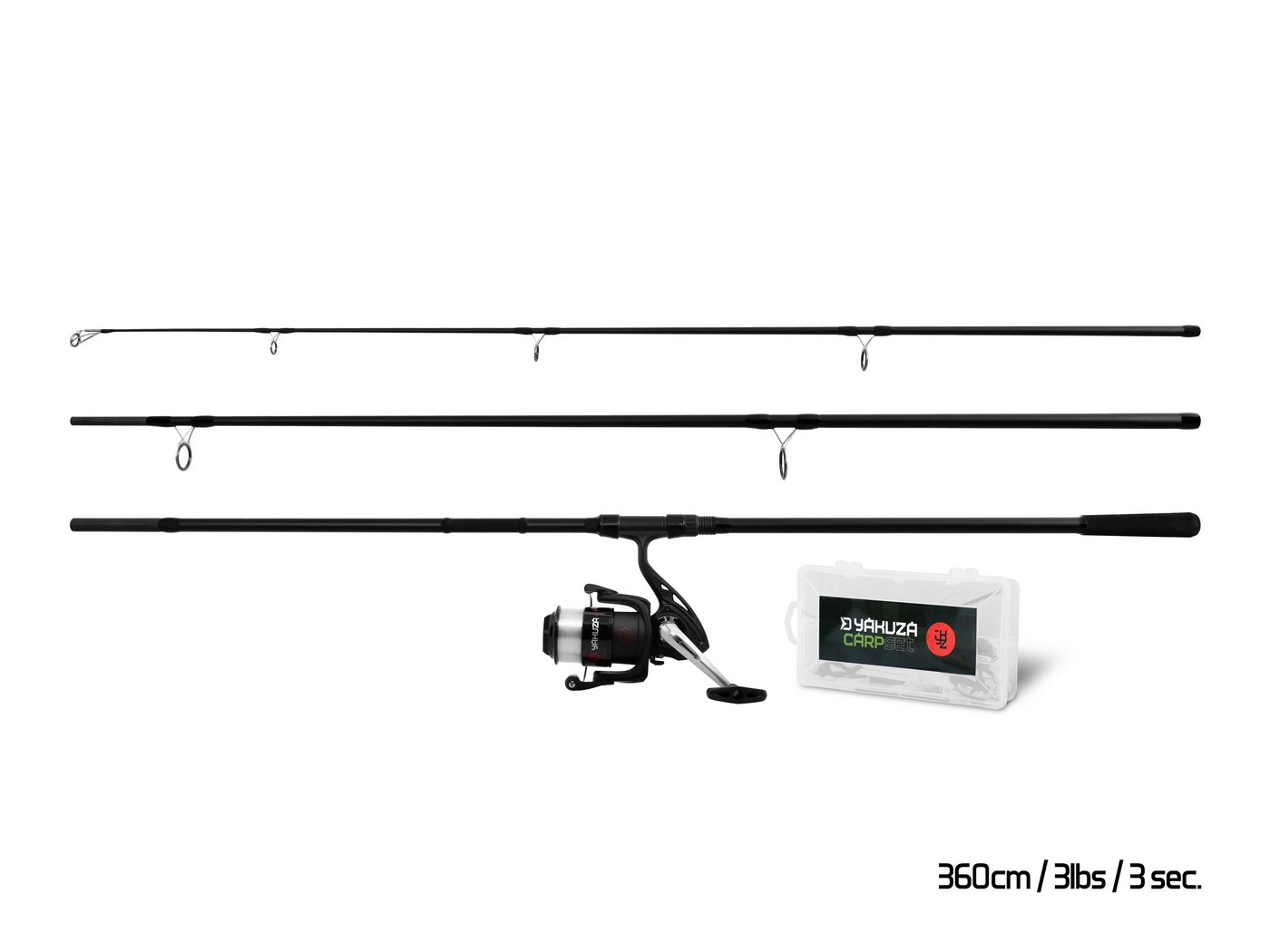 Delphin.sk Karpfenrute Karpfen Feeder Set YAKUZA - Rute 360cm + Rolle + viel Zubehör, (19-tlg), 19 teilies Angelset für Karpfen