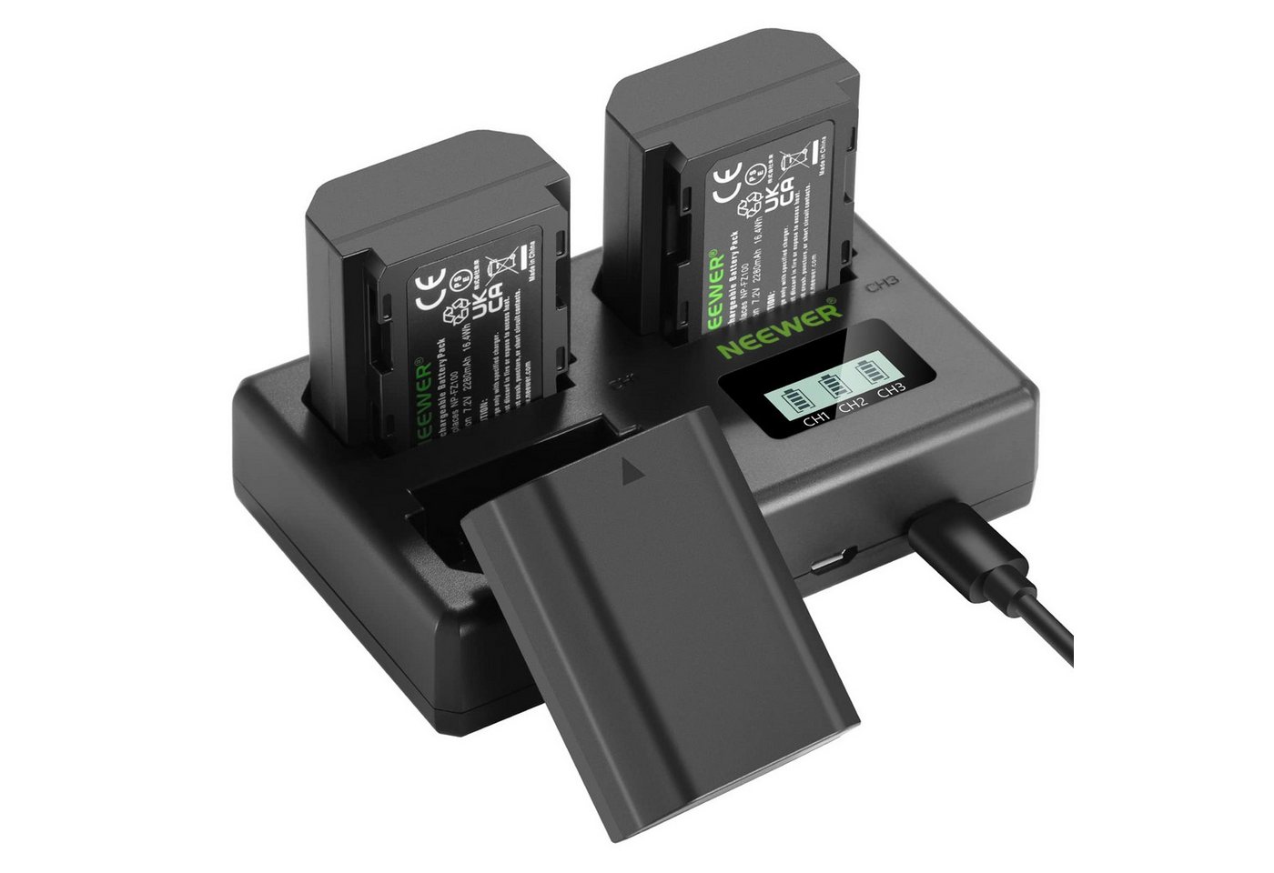 Neewer Ersatzakku und Ladegeräteset für NP-FZ100, 2280mAh Akku, USB Ladegerät Kamera-Akku (1 St), 3 Akkus, DREI Steckplätzen, für Sony A7IV A1 A9II FX30 A6700 ZV-E1 Bild 2