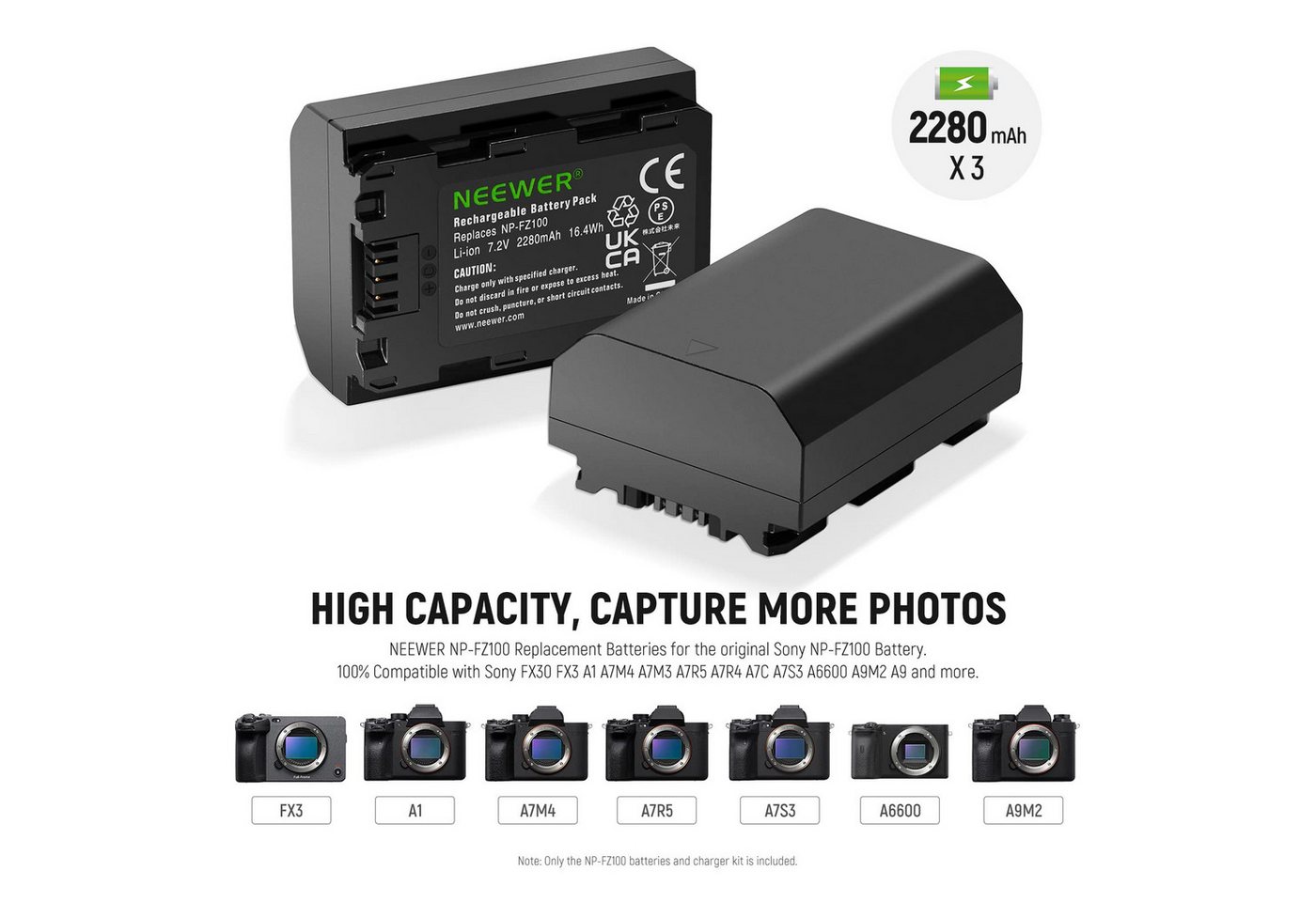 Neewer Ersatzakku und Ladegeräteset für NP-FZ100, 2280mAh Akku, USB Ladegerät Kamera-Akku (1 St), 3 Akkus, DREI Steckplätzen, für Sony A7IV A1 A9II FX30 A6700 ZV-E1 Bild 3