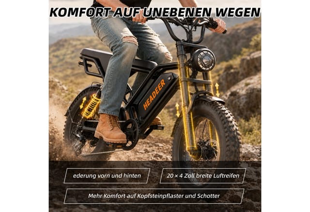 Vankel E-Bike Cityrad Herren u. Damen E-Fatbike 20 Zoll 250W 960Wh 80km Scheibenbremse, Kettenschaltung, Heckmotor, 960 Wh, Vollfederung und Scheibenbremsen für Stadt, Schotter und Touren