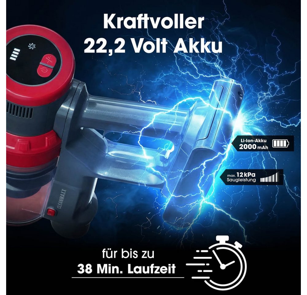 CLEANmaxx Akku-Hand-und Stielstaubsauger Akku-Zyklonsauger, 2 in 1 Handstaubsauger & Bodenstaubsauger, 150 W, beutellos, 22,2-V-Li-Ion-Handstaubsauger Akku, Handsauger mit 12 kPa Saugkraft Bild 3