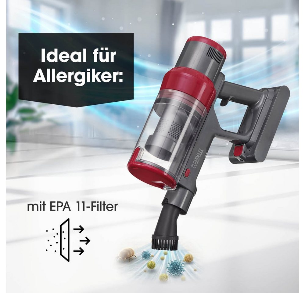 CLEANmaxx Akku-Hand-und Stielstaubsauger Akku-Zyklonsauger, 2 in 1 Handstaubsauger & Bodenstaubsauger, 150 W, beutellos, 22,2-V-Li-Ion-Handstaubsauger Akku, Handsauger mit 12 kPa Saugkraft Bild 4
