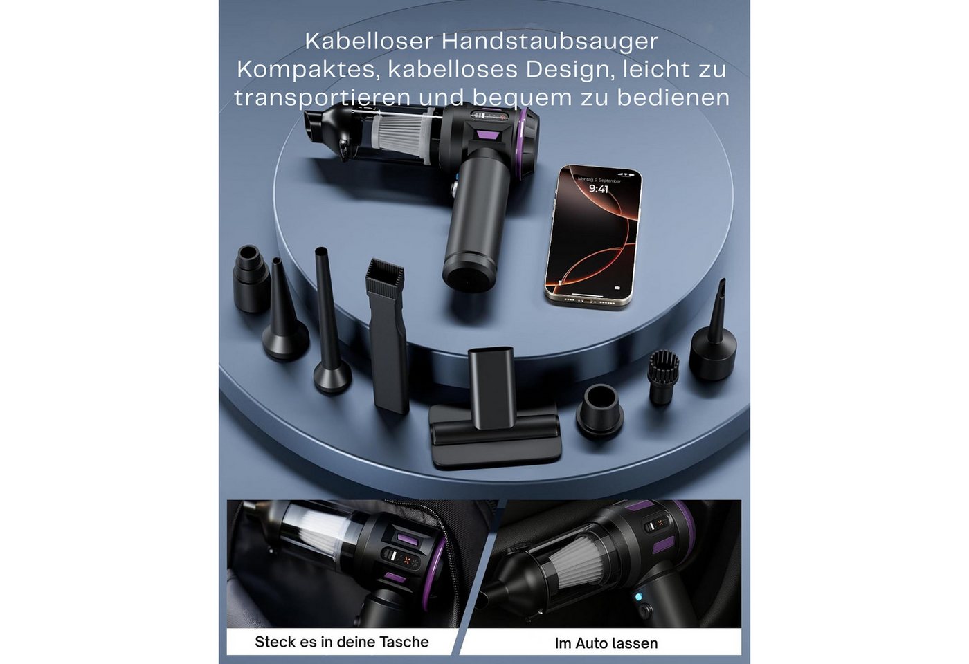 Vivitar Akku-Handstaubsauger 4-in-1, mit 3 Saugstufen, bürstenloser Motor, USB-C Ladung 6000mah, AKKU, mit Blasfunktion, kompakter Tischstaubsauger für Auto, Zuhause, Sofa, Tastatu, faltbar, leicht, mit verschiedenen Düsen, Bürsten. 3 waschbaren Filter Bild 2