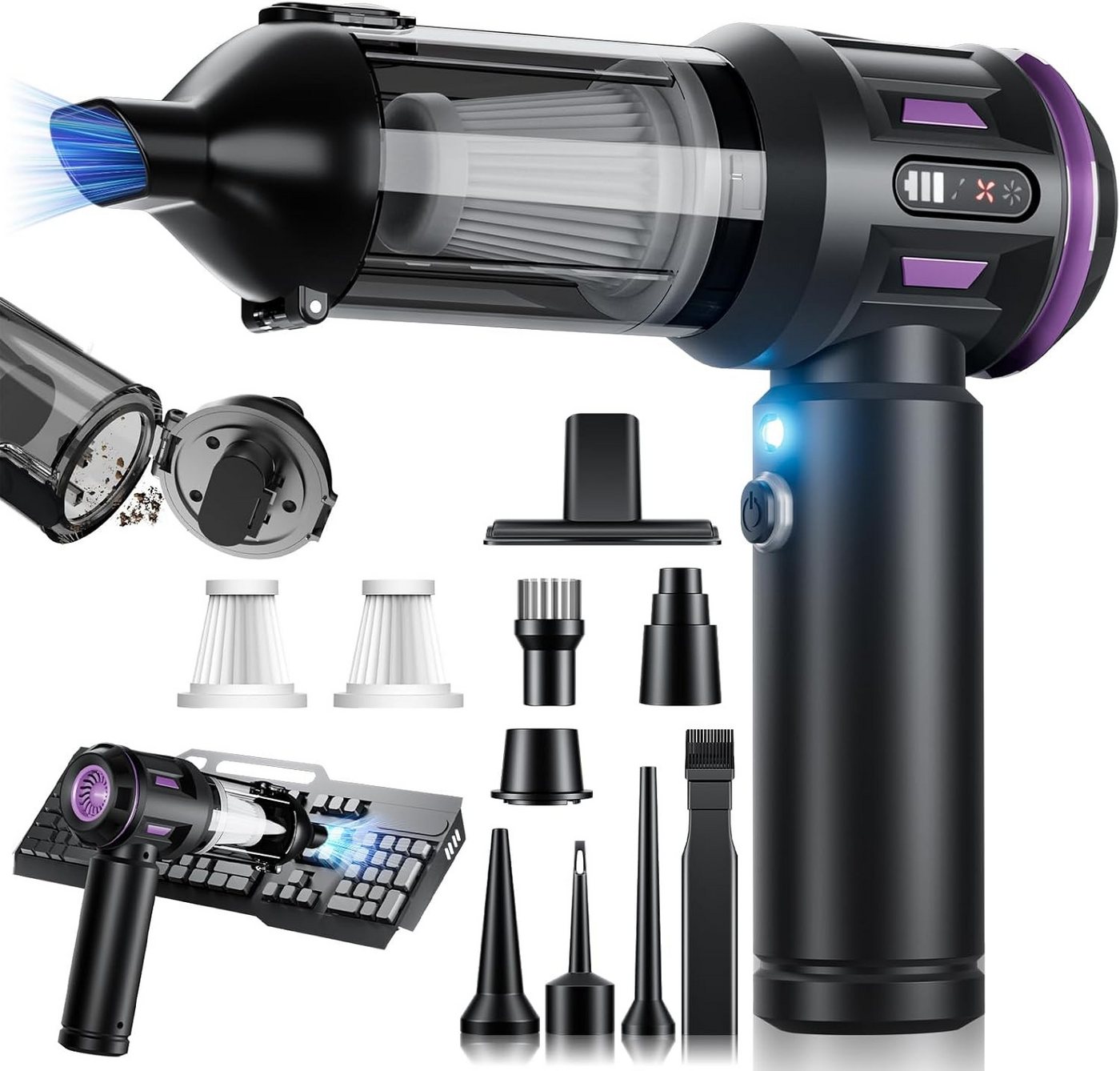 Vivitar Akku-Handstaubsauger 4-in-1, mit 3 Saugstufen, bürstenloser Motor, USB-C Ladung 6000mah, AKKU, mit Blasfunktion, kompakter Tischstaubsauger für Auto, Zuhause, Sofa, Tastatu, faltbar, leicht, mit verschiedenen Düsen, Bürsten. 3 waschbaren Filter Bild 3