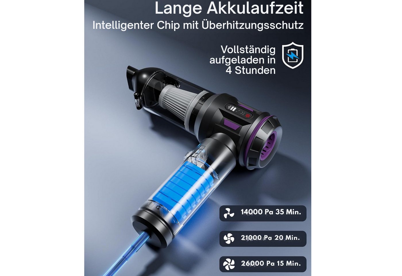 Vivitar Akku-Handstaubsauger 4-in-1, mit 3 Saugstufen, bürstenloser Motor, USB-C Ladung 6000mah, AKKU, mit Blasfunktion, kompakter Tischstaubsauger für Auto, Zuhause, Sofa, Tastatu, faltbar, leicht, mit verschiedenen Düsen, Bürsten. 3 waschbaren Filter Bild 4