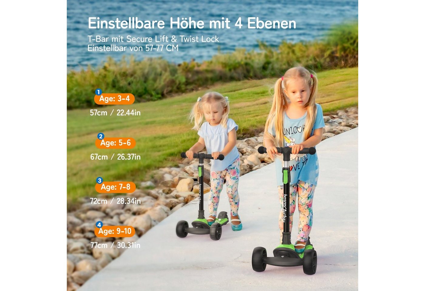 besrey Dreiradscooter Kinder Scooter Kinder Roller Kinderroller ab 3 jahre faltbar, Alle drei Räder mit LED, Kinderscooter mit ABEC-7 Kugellager Bild 4