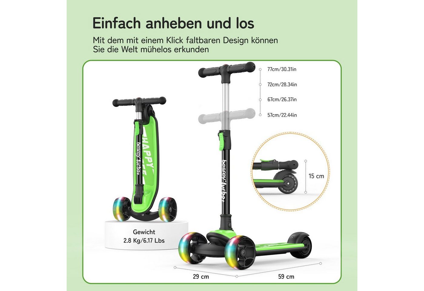 besrey Dreiradscooter Kinder Scooter Kinder Roller Kinderroller ab 3 jahre faltbar, Alle drei Räder mit LED, Kinderscooter mit ABEC-7 Kugellager Bild 5