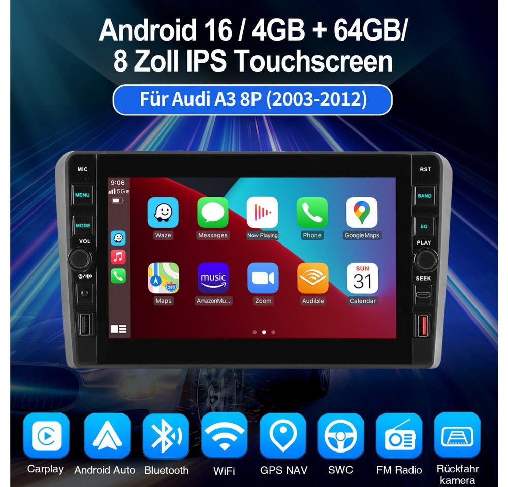 ESSGOO Für Audi A3 S3 RS3 8P 8V 8" Carplay Android 16 Autoradio 4+64G Autoradio (GPS NAVI RDS SWC USB WIFI) Bild 2