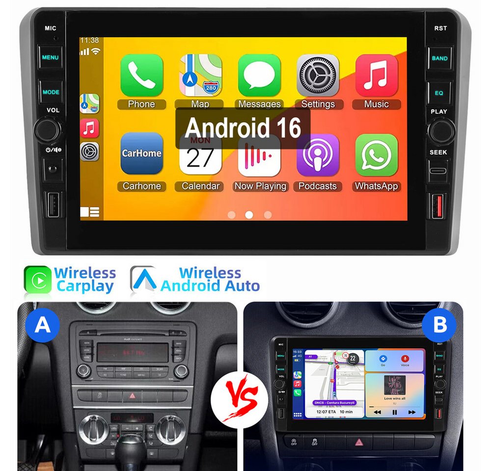 ESSGOO Für Audi A3 S3 RS3 8P 8V 8" Carplay Android 16 Autoradio 4+64G Autoradio (GPS NAVI RDS SWC USB WIFI) Bild 3
