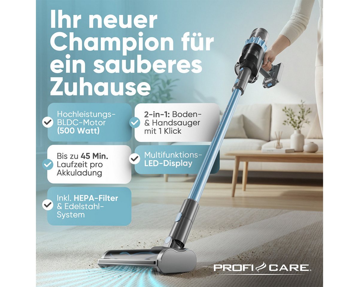ProfiCare Akku-Bodenstaubsauger PC-BS 3138 A, Akku Staubsauger, 500W Motor, Staubsauger kabellos Bild 2