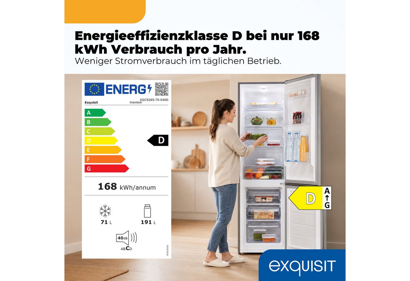 exquisit Kühl-/Gefrierkombination KGC5265-70-040D, 180 cm hoch, 54,5 cm breit, 262 l Nutzinhalt gesamt, 4 Sternefach, Energieklasse D Bild 3