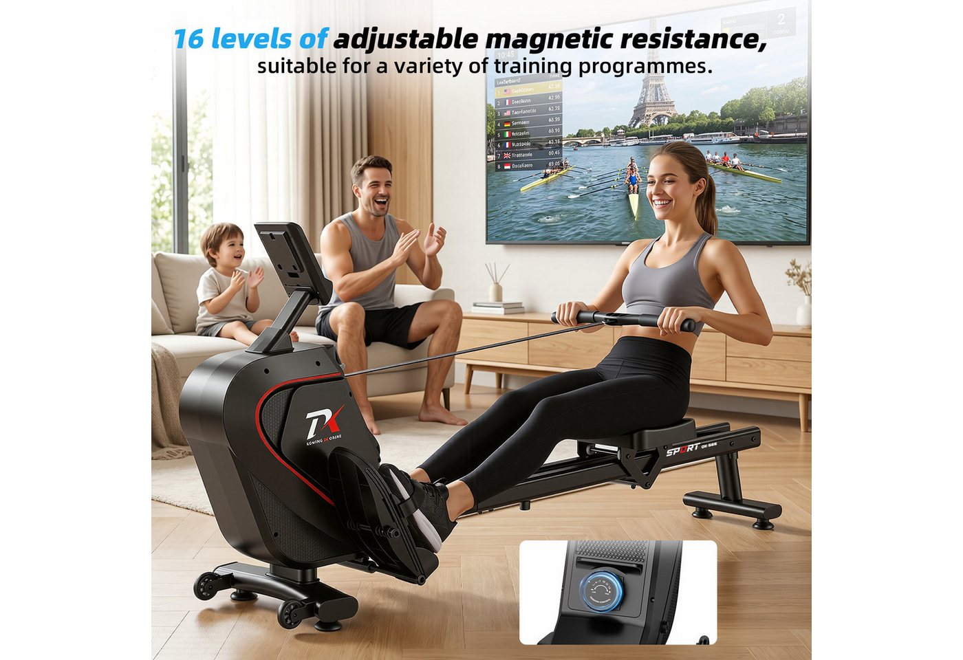 YEE RUN Rudergerät für Zuhause - 16 magnetische Widerstandsstufen, LCD-Display und App, Widerstandsverstellung Bild 3