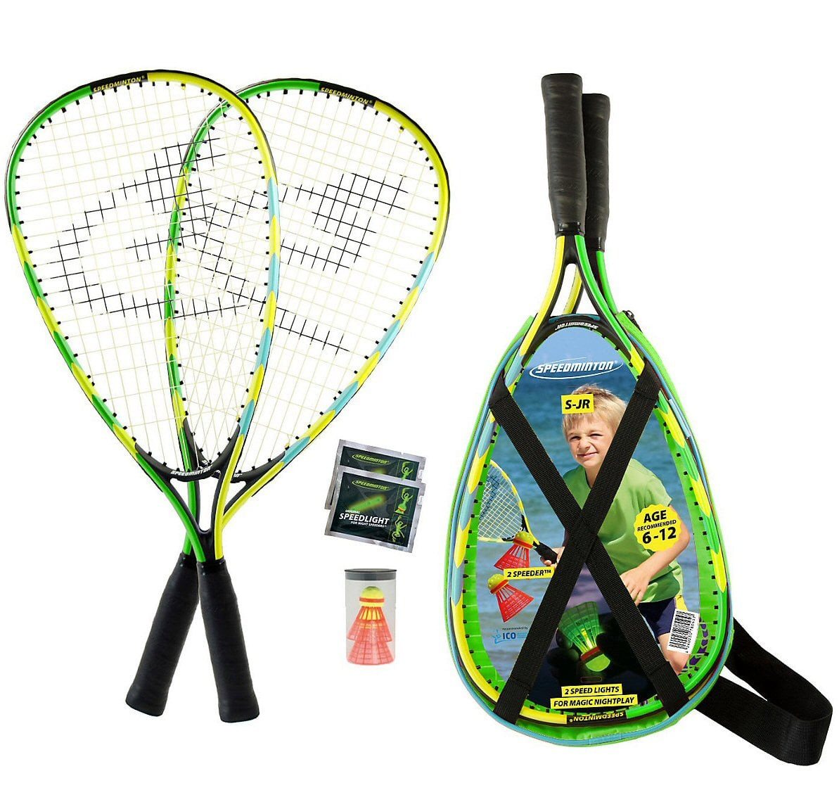 Speedminton Speed-Badmintonschläger Set Junior (2x Schläger 6-12 Jahre, 2x Speeder, Tasche) blau/grün/gelb