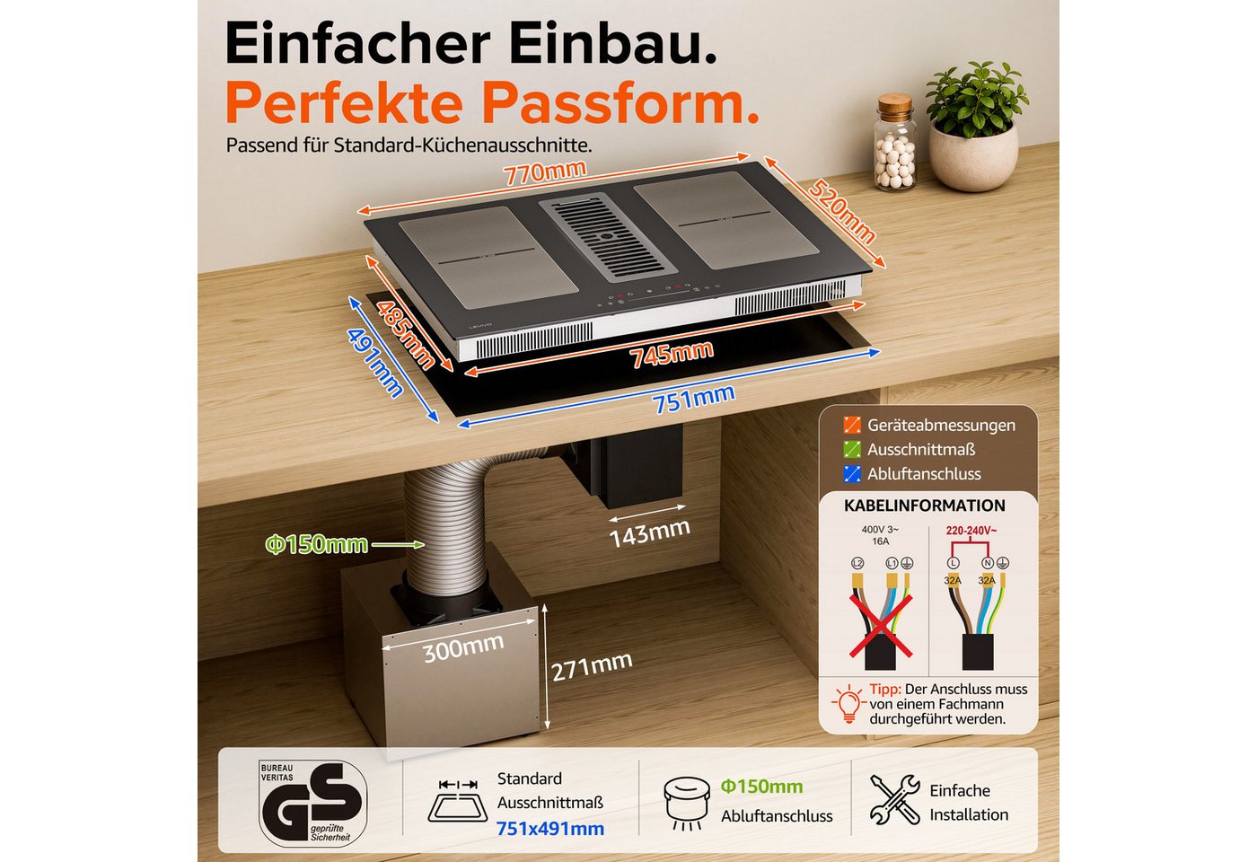 Levivo Induktions-Kochfeld Induktionskochfeld 77 cm mit 482 m³/h Dunstabzug, 9 Stufen & Booster, Touch-Control, Timer, Bridge Funktion, 7280 W Bild 2