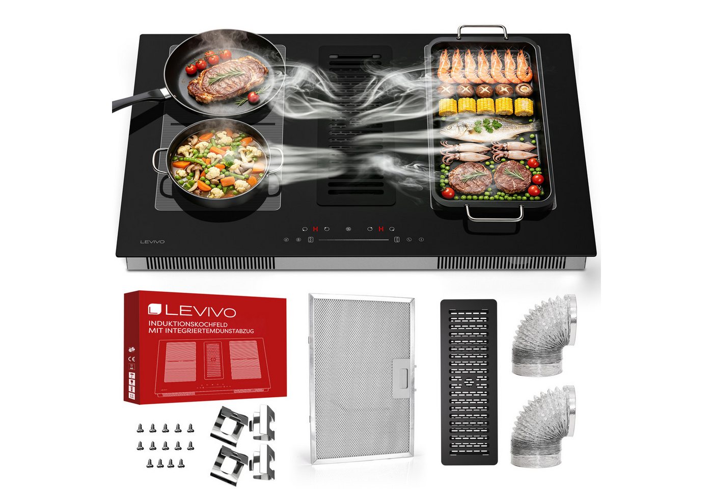 Levivo Induktions-Kochfeld Induktionskochfeld 77 cm mit 482 m³/h Dunstabzug, 9 Stufen & Booster, Touch-Control, Timer, Bridge Funktion, 7280 W Bild 3