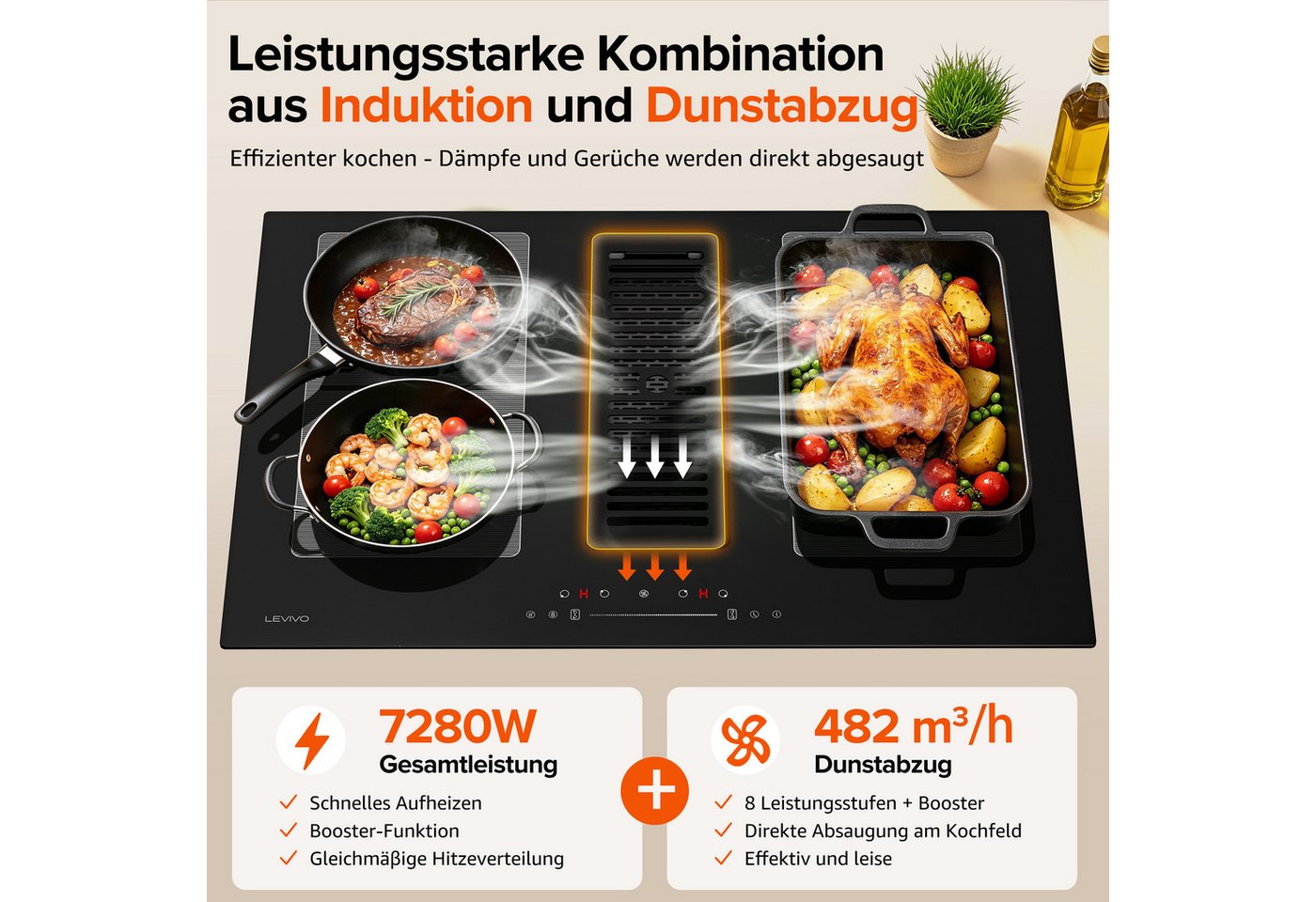 Levivo Induktions-Kochfeld Induktionskochfeld 77 cm mit 482 m³/h Dunstabzug, 9 Stufen & Booster, Touch-Control, Timer, Bridge Funktion, 7280 W Bild 4