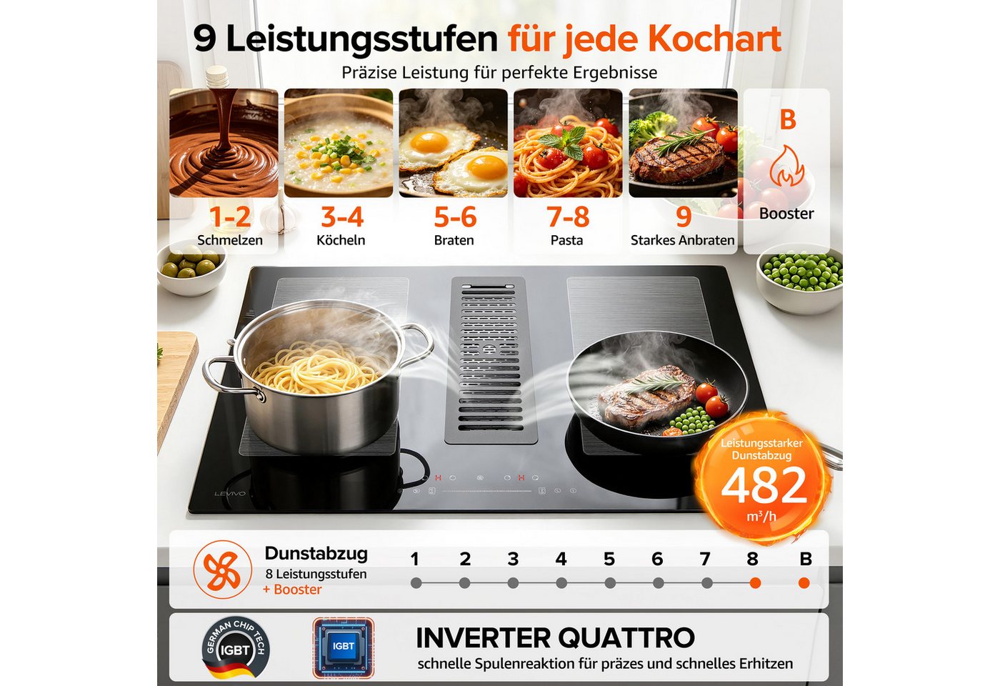 Levivo Induktions-Kochfeld Induktionskochfeld 77 cm mit 482 m³/h Dunstabzug, 9 Stufen & Booster, Touch-Control, Timer, Bridge Funktion, 7280 W Bild 5
