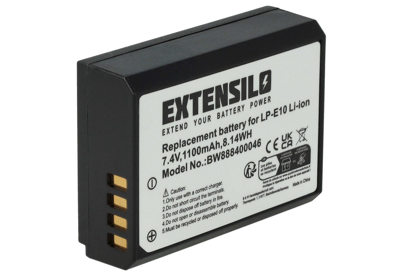Extensilo Akku passend für Canon EOS 1100D, 1D X, 2000D, 1200D, 3000D, 4000D, Kamera-Akku Akku Li-Ion 1100 mAh (7,4 V, 1 St), Leistungsfähiger Austausch-Akku für Digitalkamera, Spiegelreflexkamera