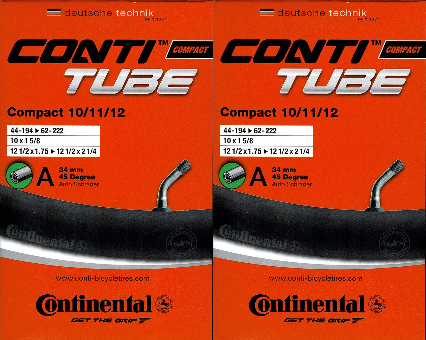 CONTINENTAL Fahrradschlauch 2x Continental Compact 10/11/12 Schlauch 10 11 12 Zoll AV Winkelventil, 1 5/8, 1,95, 2,00, 2,25, 1,90, (2-St)