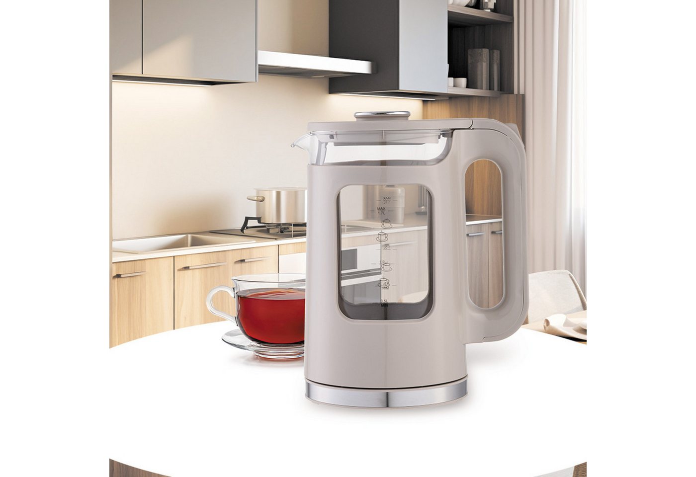 Feel Maestro Wasserkocher Elektrischer Glas-Wasserkocher mit LED-Anzeige 1,7L, 1,7 l, 2200 W, Wasserstandsanzeige, LED-Beleuchtung, drehbarer Sockel