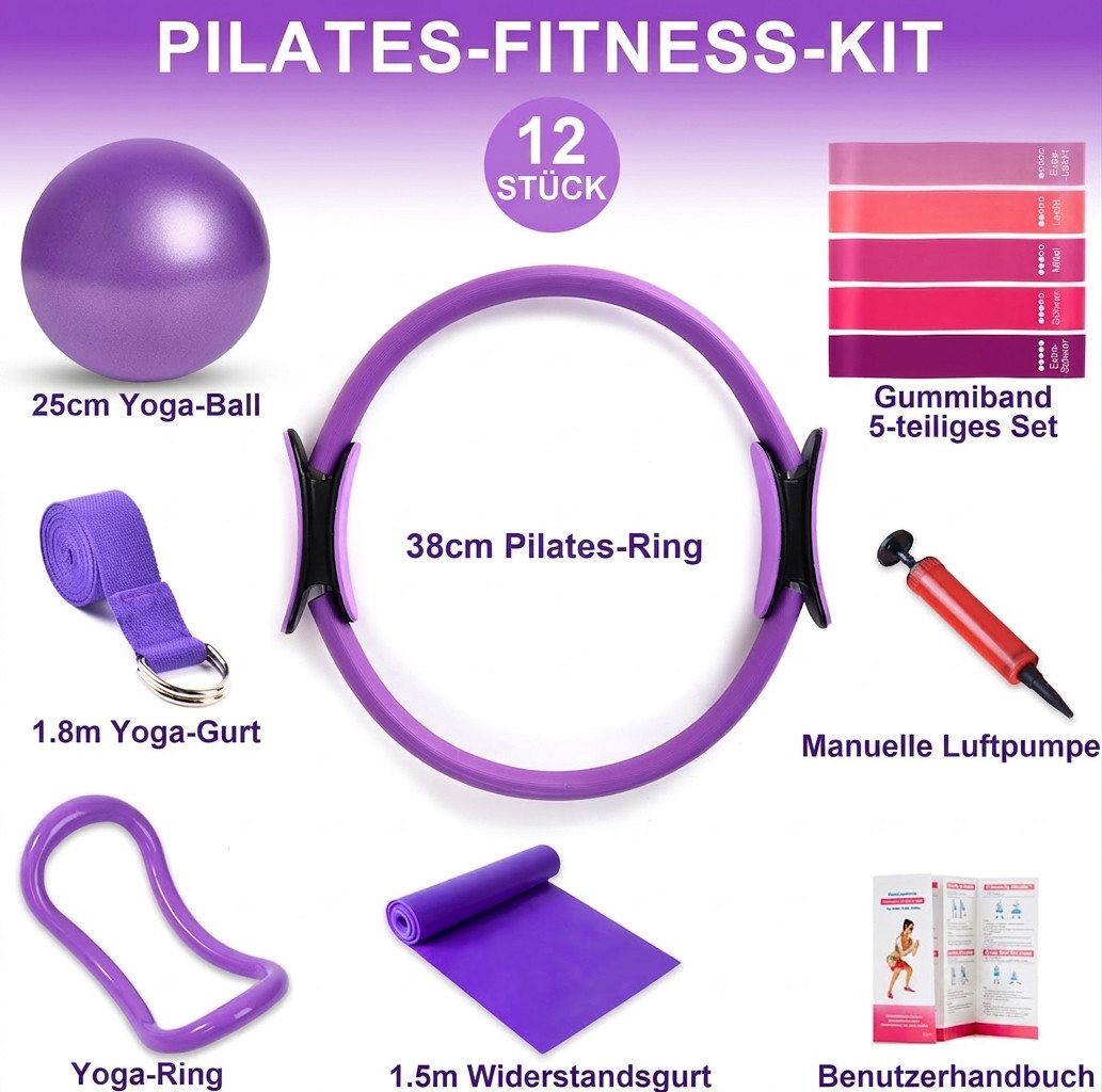 LaCute Pilates-Ring Pilates Set 12-teilig mit Ring, Ball & Widerstandsbändern für Zuhause (12-teiliges Pilates- und Fitness-Set, 12-tlg., Pilates-Set mit Ring, Ball Widerstandsbändern für Ganzkörpertraining), 12-teilig, elastisch, rutschfest, vielseitig Bild 4