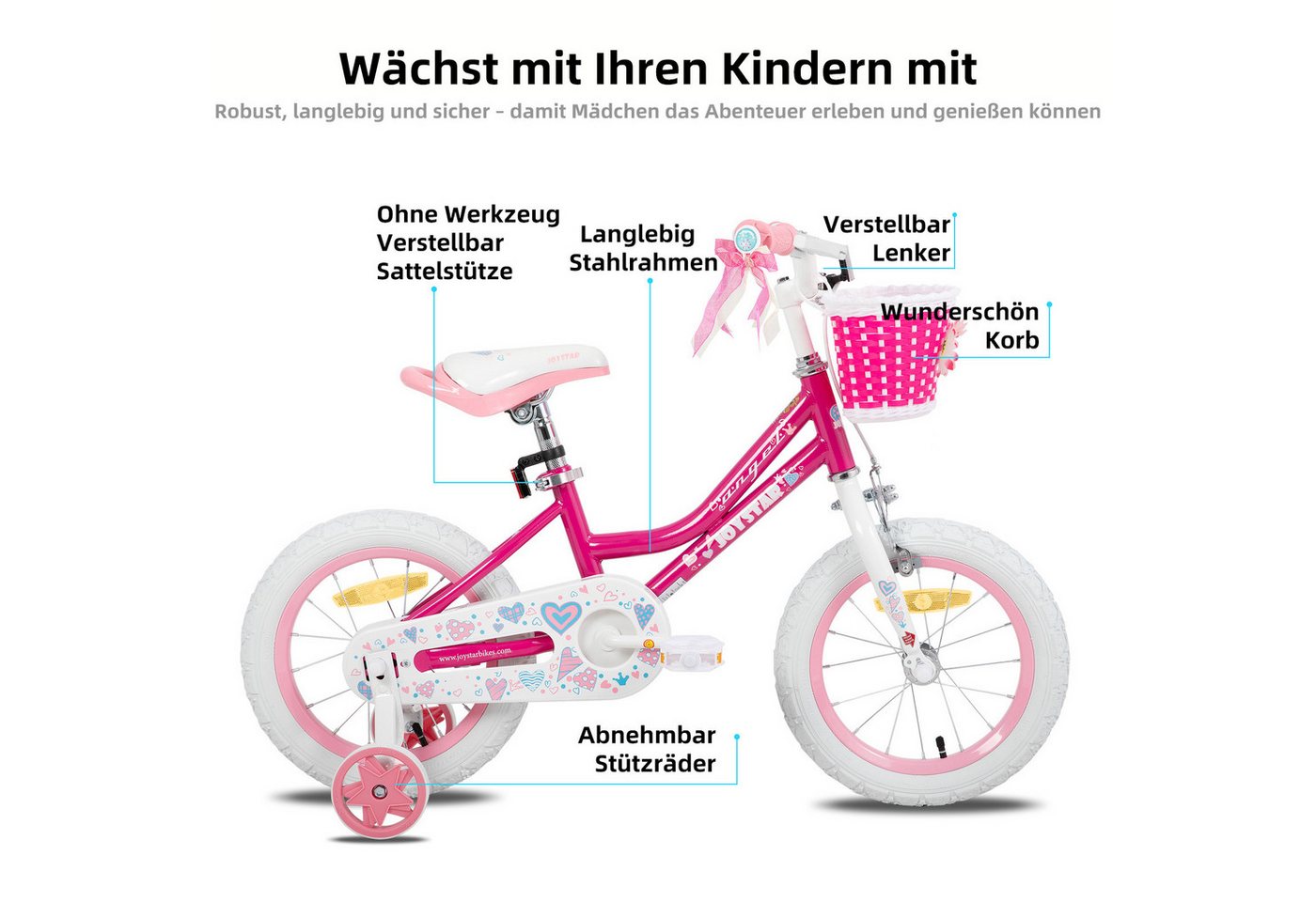 JOYSTAR Kinderfahrrad 12 14 16 18 Zoll Mädchenfahrrad, 2 - 9 Jahre,Geschenk für Prinzessin, 1 Gang, Mit Hilfsrädern, farbigen Bändern, Korb, Reflektor, Kettenabdeckung