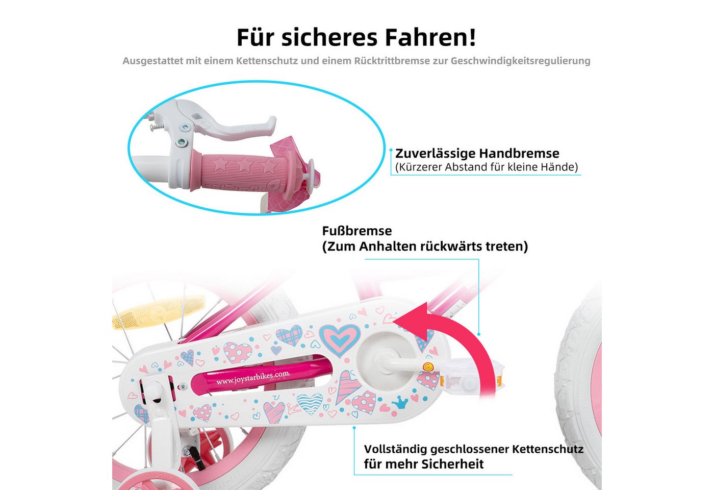 JOYSTAR Kinderfahrrad 12 14 16 18 Zoll Mädchenfahrrad, 2 - 9 Jahre,Geschenk für Prinzessin, 1 Gang, Mit Hilfsrädern, farbigen Bändern, Korb, Reflektor, Kettenabdeckung Bild 2