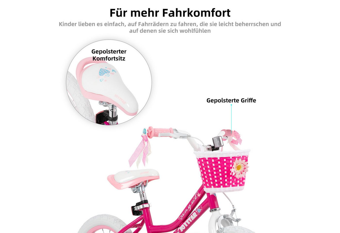 JOYSTAR Kinderfahrrad 12 14 16 18 Zoll Mädchenfahrrad, 2 - 9 Jahre,Geschenk für Prinzessin, 1 Gang, Mit Hilfsrädern, farbigen Bändern, Korb, Reflektor, Kettenabdeckung Bild 5