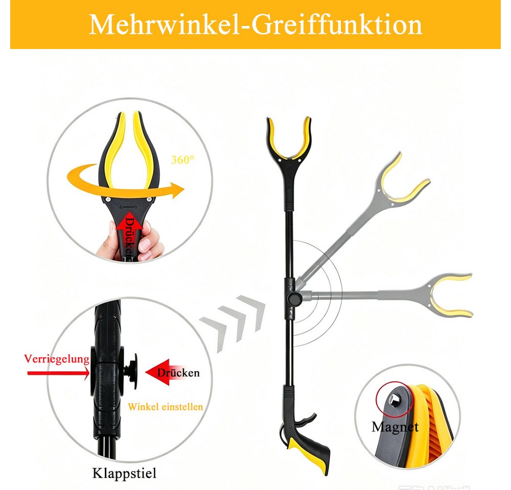 AFKSMILE Greifarm 79cm Greifzange für Senioren - Faltbare Greifer mit 360° Drehkopf, 2-tlg., Aluminium Müllzange für ältere Menschen und eingeschränkte Mobilität Bild 3