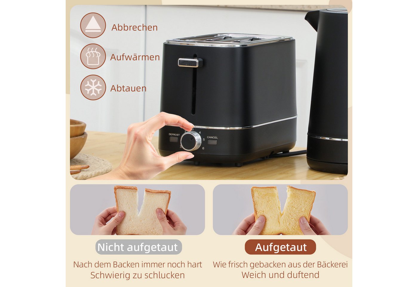 HOMCOM Toaster Wasserkocher Set 2200 W 1,7L Wasserkocher, 2 Scheiben Toaster, 2 Schlitze, für 2 Scheiben, 2200 W, Wasserkocher und Toaster mit 6 Bräunungsstufen, Stahl, Schwarz