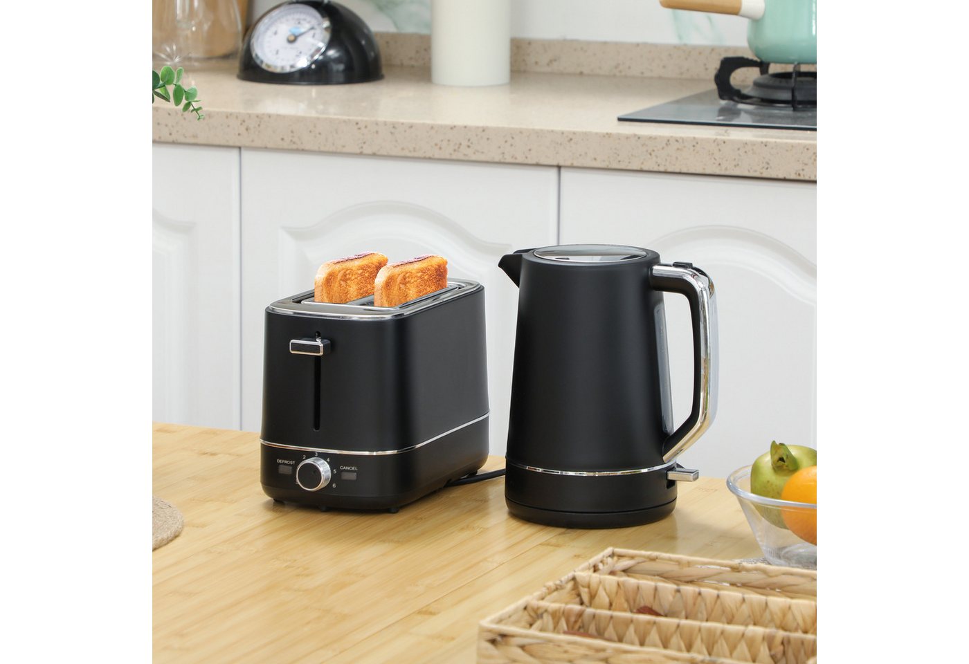 HOMCOM Toaster Wasserkocher Set 2200 W 1,7L Wasserkocher, 2 Scheiben Toaster, 2 Schlitze, für 2 Scheiben, 2200 W, Wasserkocher und Toaster mit 6 Bräunungsstufen, Stahl, Schwarz Bild 2