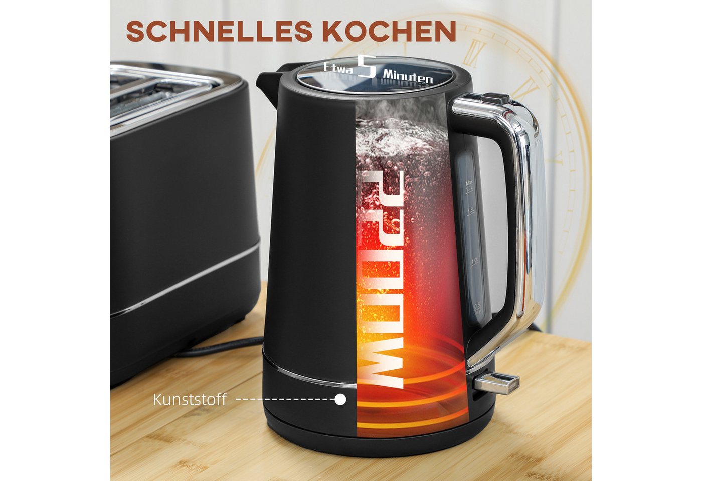 HOMCOM Toaster Wasserkocher Set 2200 W 1,7L Wasserkocher, 2 Scheiben Toaster, 2 Schlitze, für 2 Scheiben, 2200 W, Wasserkocher und Toaster mit 6 Bräunungsstufen, Stahl, Schwarz Bild 4