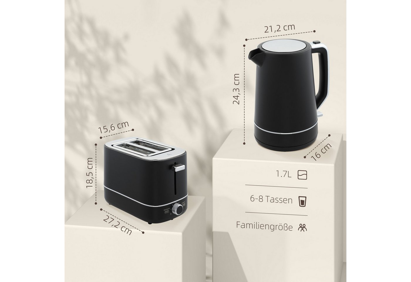 HOMCOM Toaster Wasserkocher Set 2200 W 1,7L Wasserkocher, 2 Scheiben Toaster, 2 Schlitze, für 2 Scheiben, 2200 W, Wasserkocher und Toaster mit 6 Bräunungsstufen, Stahl, Schwarz Bild 5