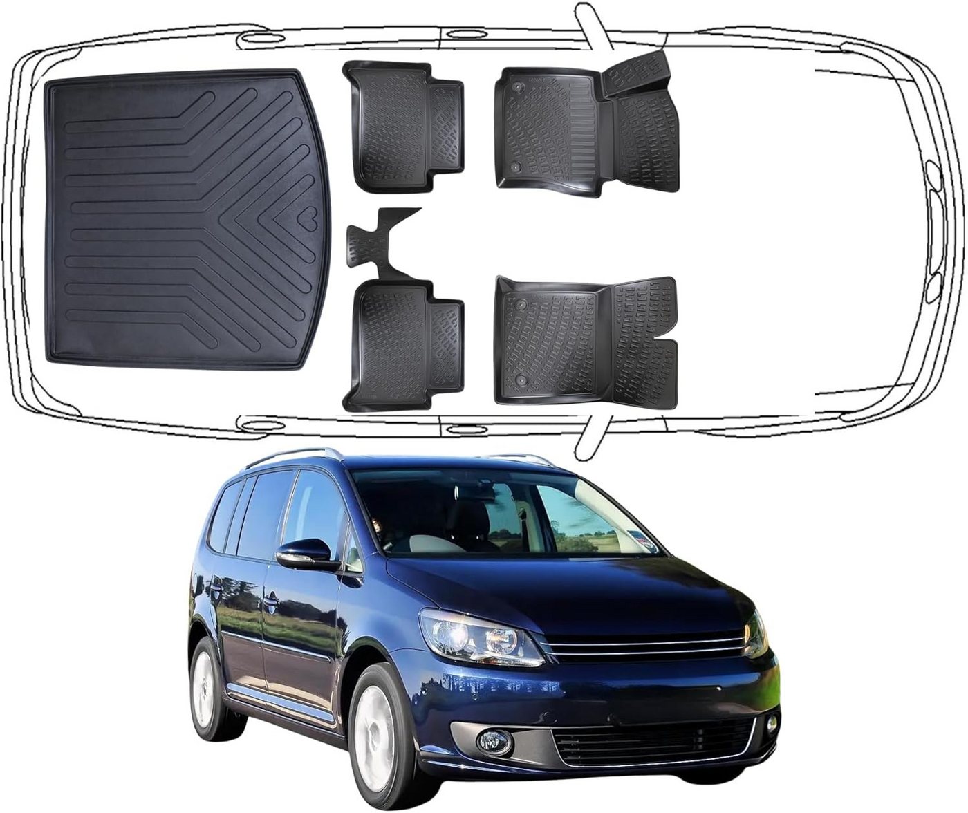 Trimak Passform-Fußmatten Oder Kofferraumwanne Oder Set kompatibel mit Volkswagen Touran, Volkswagen Touran I 2003-2015 Gummimatten Auto & Kofferraummatte TPE Bild 4